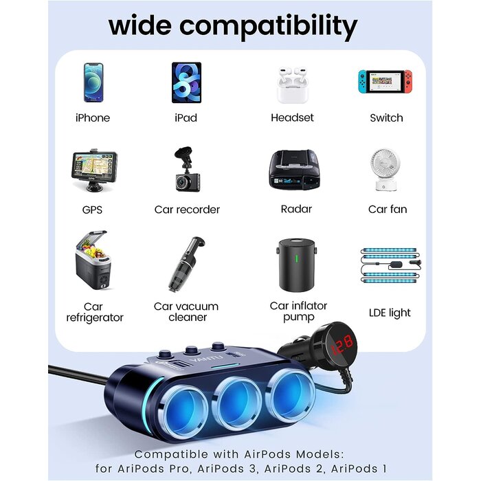 B39-120W-BLUE - YANTU - Cigarette Lighter Adapter, Car Charger Adapter 3 Socket Cigarette Lighter Splitter with LED Voltage Display PD/QC 3.0 Charger On/Off Switches 120W 12V Car Splitter Adapter for All car Devices