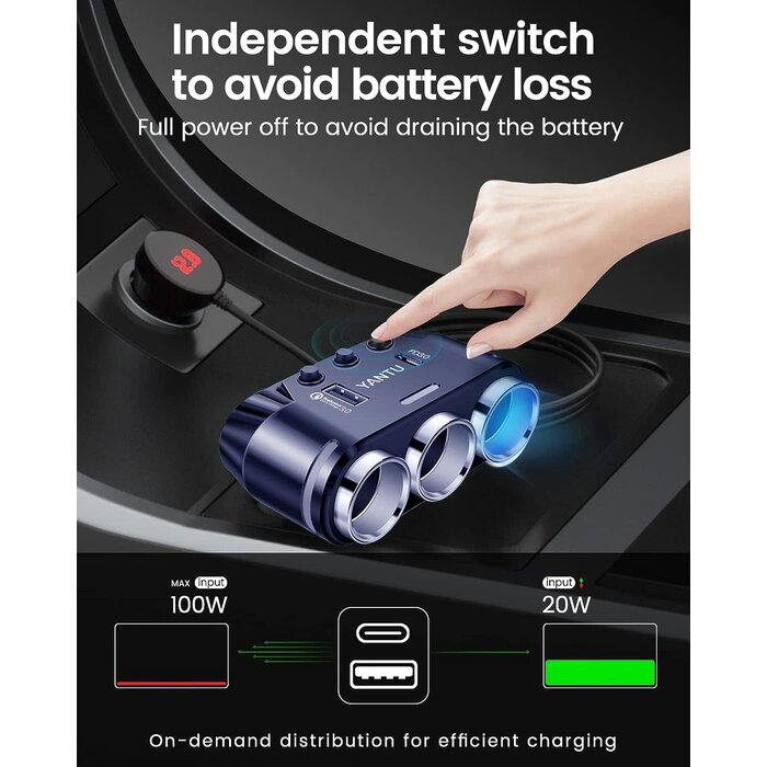 B39-120W-BLUE - YANTU - Cigarette Lighter Adapter, Car Charger Adapter 3 Socket Cigarette Lighter Splitter with LED Voltage Display PD/QC 3.0 Charger On/Off Switches 120W 12V Car Splitter Adapter for All car Devices
