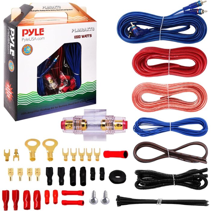 PLMRAKT8 - Pyle - Car Audio Wiring Kit - 20ft 8 Gauge Power Wire 1000 Watt Amplifier Hookup for Battery Head Unit & Stereo Speaker Installation Sound System - Marine Grade Cable Wired & Gold Plated Fuse PLMRAKT8