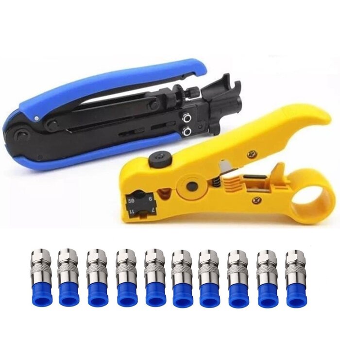 RG6-RG11-CRIMP - Gaobige - Coaxial Compression Tool Coax Cable Crimper Kit Adjustable rg6 rg59 rg11 75-5 75-7 Coaxial Cable Stripper with 10pcs F Compression Connectors - Blue