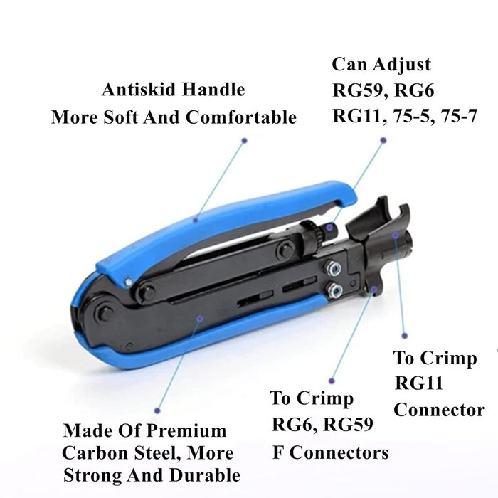 RG6-RG11-CRIMP - Gaobige - Coaxial Compression Tool Coax Cable Crimper Kit Adjustable rg6 rg59 rg11 75-5 75-7 Coaxial Cable Stripper with 10pcs F Compression Connectors - Blue