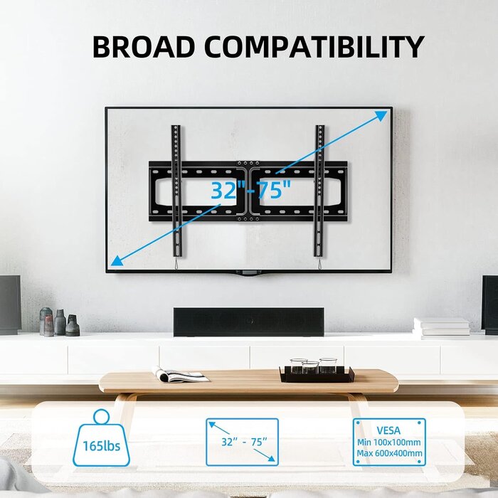TV Wall Mount Tilt for Most 32-75 inch Flat/Curved TVs up to 165lbs, Heavy Duty Tilting TV Mount, Large Low Profile Wall Mount TV Bracket Fits 16"/18"/24" Stud, Max VESA 600x400mm