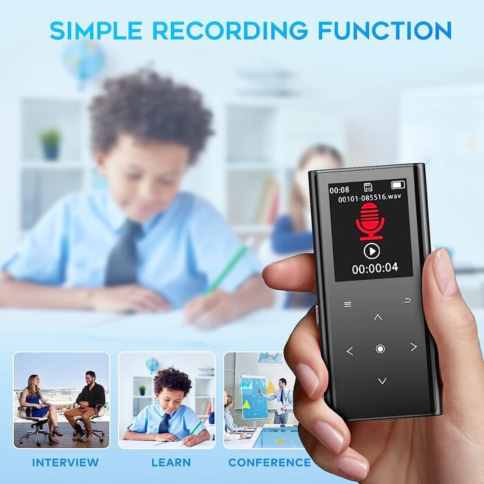 Music Player with Bluetooth 5.2, Built-in HD Speaker, FM Radio, Voice Recorder, Mini Design, Weigh 2.4 oz, HiFi Sound, Ideal for Sport, Earphones Included