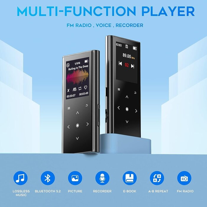 Music Player with Bluetooth 5.2, Built-in HD Speaker, FM Radio, Voice Recorder, Mini Design, Weigh 2.4 oz, HiFi Sound, Ideal for Sport, Earphones Included