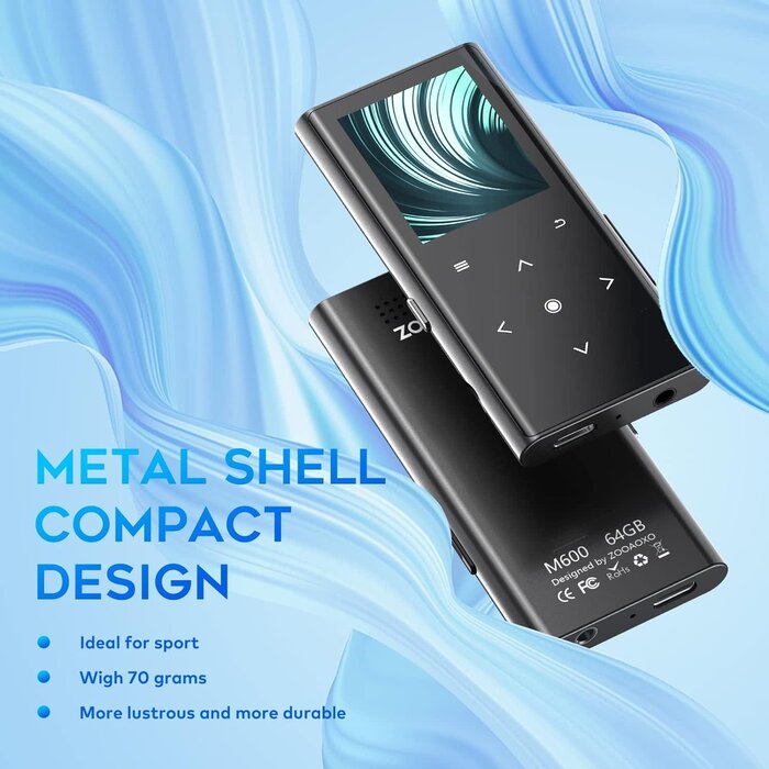 Music Player with Bluetooth 5.2, Built-in HD Speaker, FM Radio, Voice Recorder, Mini Design, Weigh 2.4 oz, HiFi Sound, Ideal for Sport, Earphones Included