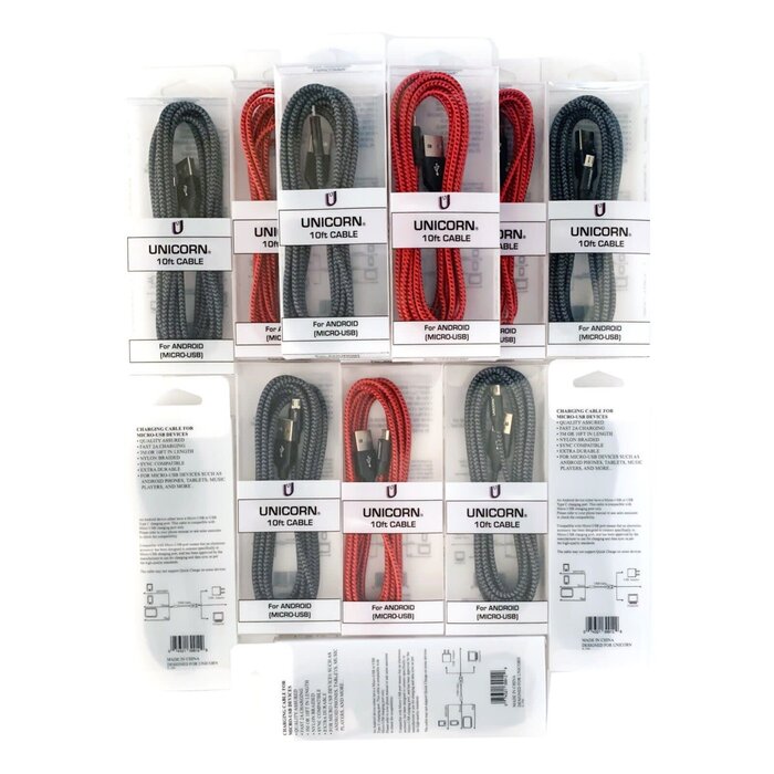 MICRO-USB-10FT - UnicornTrade - Micro USB Cable 10ft High Speed 2.0 USB A Male to Micro USB Sync Charging Nylon Braided Cable for Android Phone Charger Cable Tablets Wall and Car Charger Connection
