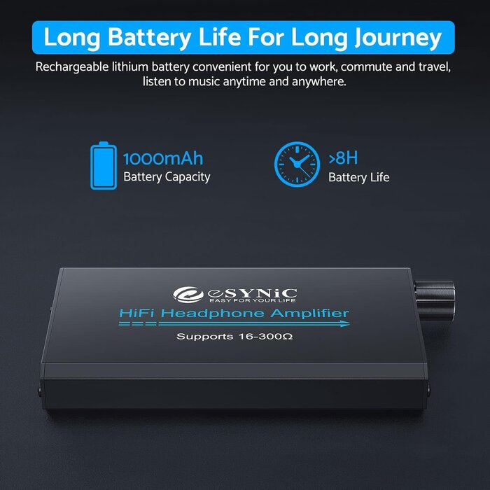 ESY111 - eSynic - Professional 16-300Ω Headphone Amplifier Portable Headphone Volume Amplifier Rechargeble Headphone Amp Desktop Amp With 3.5mm Jack & A Two-stage Gain Switch for MP3 MP4 Phones and Computers etc