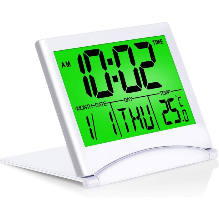 TRAVEL-CLOCK - Betus - Digital Travel Alarm Clock - Foldable Calendar & Temperature & Timer LCD Clock with Snooze Mode - Large Number Display, Battery Operated - Compact Desk Clock for All Ages