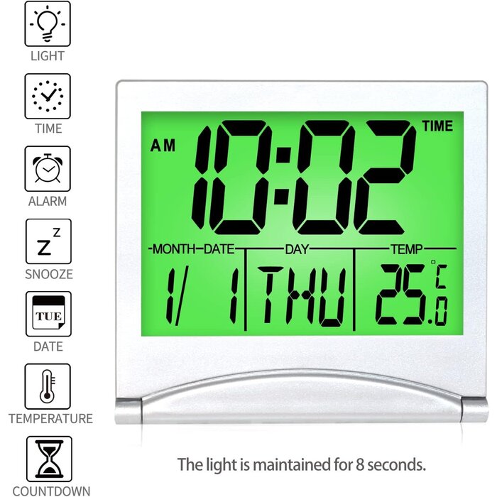 TRAVEL-CLOCK - Betus - Digital Travel Alarm Clock - Foldable Calendar & Temperature & Timer LCD Clock with Snooze Mode - Large Number Display, Battery Operated - Compact Desk Clock for All Ages