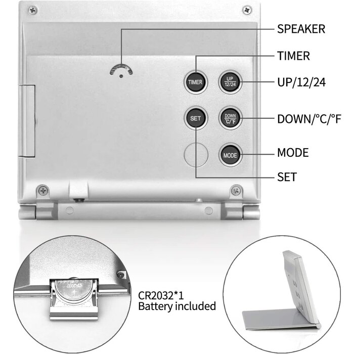 TRAVEL-CLOCK - Betus - Digital Travel Alarm Clock - Foldable Calendar & Temperature & Timer LCD Clock with Snooze Mode - Large Number Display, Battery Operated - Compact Desk Clock for All Ages