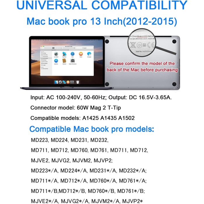 MAGSAFE2 - E-POWIND Mac Book Pro Charger, 60W Power Adapter T-Type Magnetic Connector Charger Compatible with Mac Book Pro Retina 13 Inch and Mac Book Air (Later 2012)