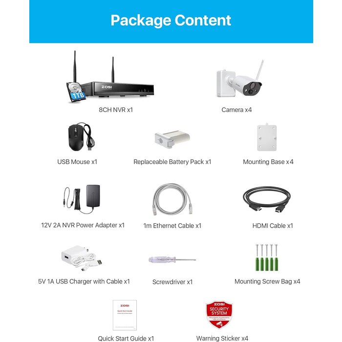 ZOSI-C306PK -  ZOSI - 8CH 2K 3MP Battery Powered Wired Wireless Security Camera System, 4 x Wire-Free Outdoor Camera with Color Night Vision, Spotlight, 2-Way Talk, Light & Siren Alarm, 1TB HDD for 24/7 Recording