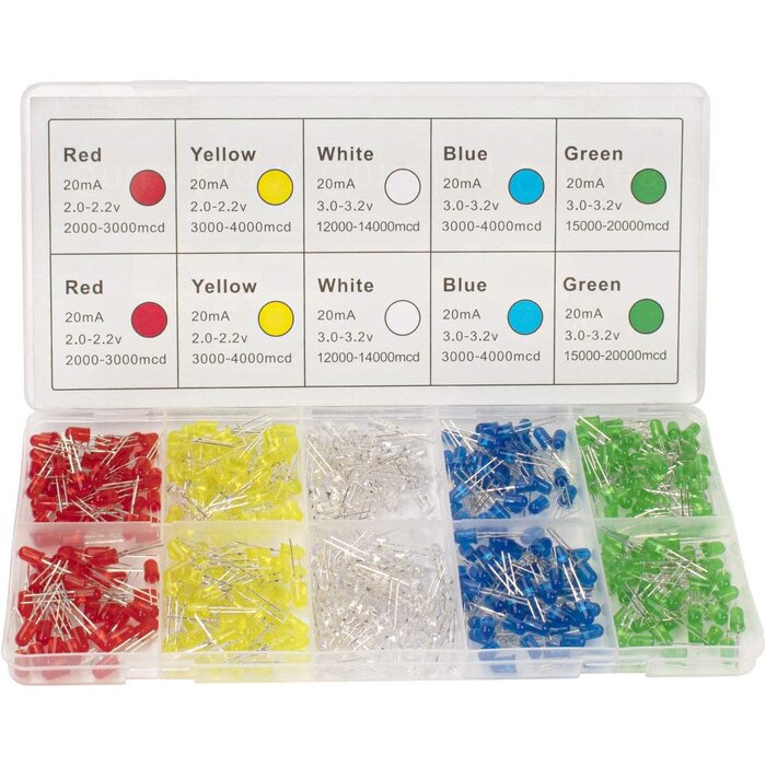 450pcs (5 Colors x 90pcs) 5mm LED Light Emitting Diode Round Assorted Color White/Red/Yellow/Green/Blue Kit Box