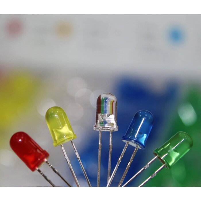 450pcs (5 Colors x 90pcs) 5mm LED Light Emitting Diode Round Assorted Color White/Red/Yellow/Green/Blue Kit Box