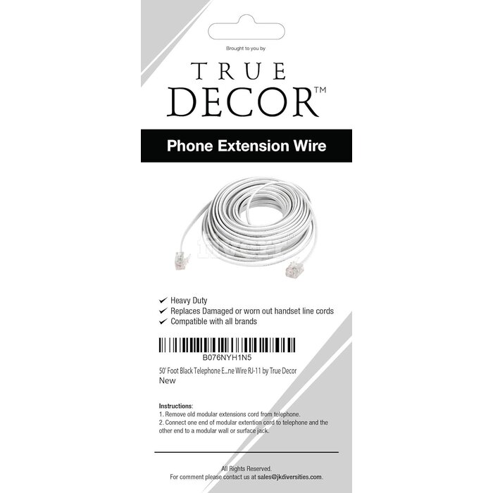 50' Foot Black Telephone Extension Cord Cable Line Wire RJ-11