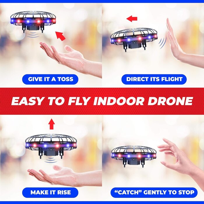 SCOOT-LED-RED/BLUE - Force1 - Scoot LED Hand Operated Drone for Kids or Adults - Hands Free Motion Sensor Mini Drone, Easy Indoor Small UFO Toy Flying Ball Drone Toy for Boys and Girls (Red/Blue)