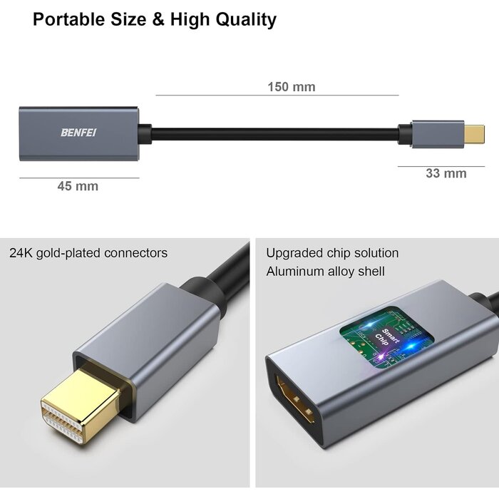 MINIDP2HDMI - BENFEI Mini DisplayPort to HDMI Adapter 4K, Thunderbolt 2 to HDMI Adapter Compatible for MacBook Air/Pro, Microsoft Surface Pro/Dock, Monitor, Projector[Gold-Plated Connectors& Aluminium Shell]
