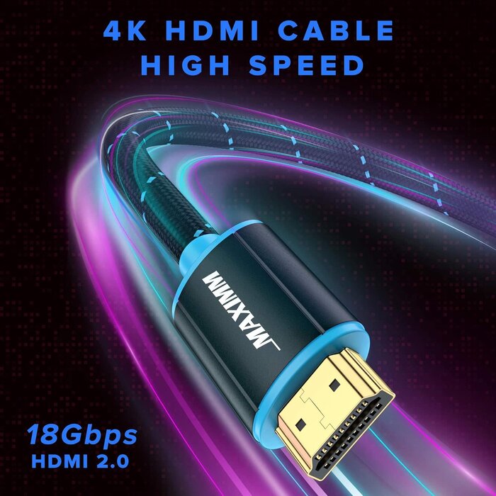 HDMI-4K12FT - Maximm - HDMI Cable 4K Ultra HD 12 Foot Nylon Braided HDMI 2.0 Cable, High Speed 18Gbps 4K60Hz HDR, 3D, 2160p, 1080p, HDCP 2.2, ARC, HDMI Cables for Monitors, HDTV
