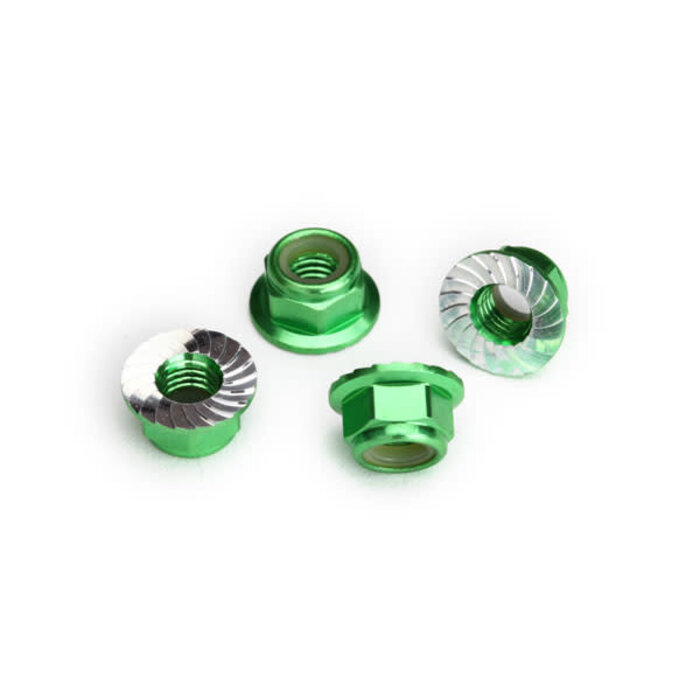 Traxxas 8447G - Nuts, 5mm flanged nylon locking (aluminum, green-anodized, serrated) (4)