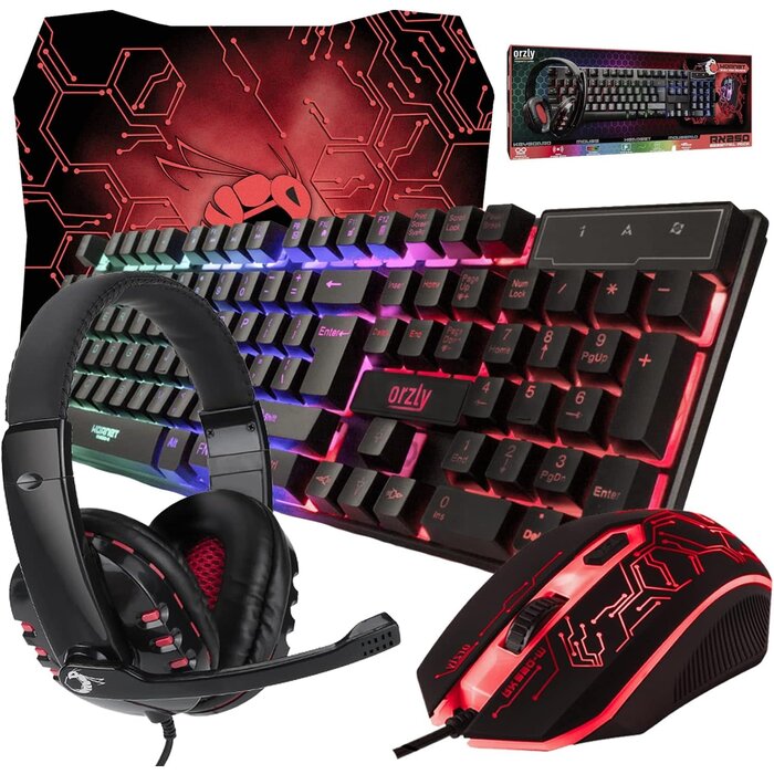 RX-250 - Orzly - Gaming Keyboard and Mouse and Mouse pad and Gaming Headset, Wired LED RGB Backlight Bundle for PC Gamers and Xbox and PS4 Users - 4 in 1 Edition Hornet RX-250
