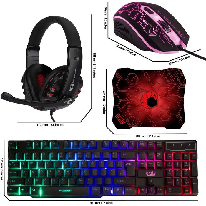 RX-250 - Orzly - Gaming Keyboard and Mouse and Mouse pad and Gaming Headset, Wired LED RGB Backlight Bundle for PC Gamers and Xbox and PS4 Users - 4 in 1 Edition Hornet RX-250