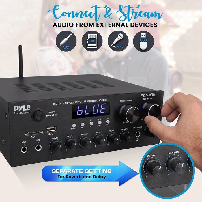 Bluetooth Home Audio Amplifier Receiver Stereo 300W Dual Channel Sound Audio System w/MP3, USB, SD, AUX, RCA, MIC, Headphone, FM, LED, Reverb Delay, for Home Theater Speakers, Studio - PDA69BU