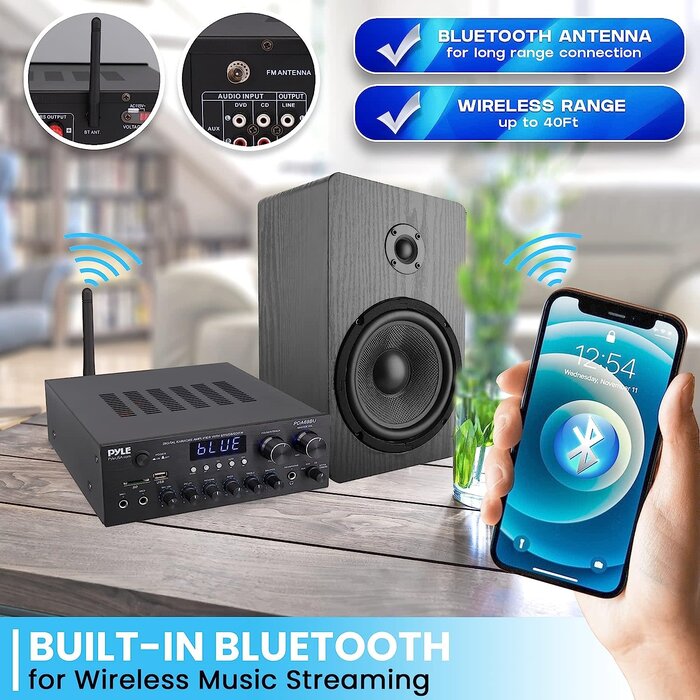 Bluetooth Home Audio Amplifier Receiver Stereo 300W Dual Channel Sound Audio System w/MP3, USB, SD, AUX, RCA, MIC, Headphone, FM, LED, Reverb Delay, for Home Theater Speakers, Studio - PDA69BU