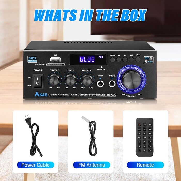 Stereo Audio Amplifier Receiver, 300Wx2 Home Dual Channel Bluetooth 5.0 Sound Speaker AMP, Home Amplifiers FM Radio, USB, SD Card, with Remote Control Home Theater Audio Stereo System Components