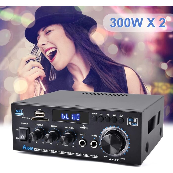 Stereo Audio Amplifier Receiver, 300Wx2 Home Dual Channel Bluetooth 5.0 Sound Speaker AMP, Home Amplifiers FM Radio, USB, SD Card, with Remote Control Home Theater Audio Stereo System Components