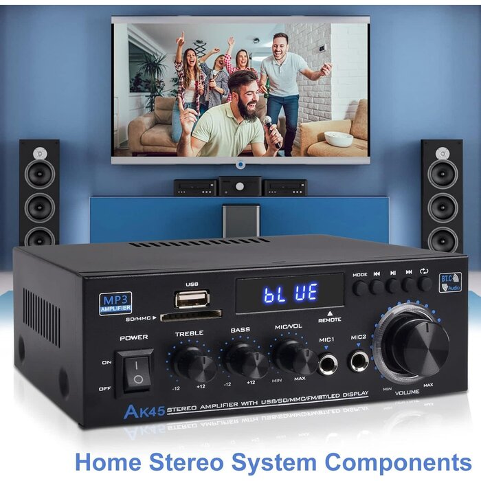 Stereo Audio Amplifier Receiver, 300Wx2 Home Dual Channel Bluetooth 5.0 Sound Speaker AMP, Home Amplifiers FM Radio, USB, SD Card, with Remote Control Home Theater Audio Stereo System Components