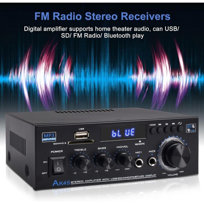 Stereo Audio Amplifier Receiver, 300Wx2 Home Dual Channel Bluetooth 5.0 Sound Speaker AMP, Home Amplifiers FM Radio, USB, SD Card, with Remote Control Home Theater Audio Stereo System Components
