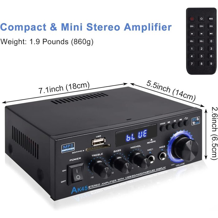 Stereo Audio Amplifier Receiver, 300Wx2 Home Dual Channel Bluetooth 5.0 Sound Speaker AMP, Home Amplifiers FM Radio, USB, SD Card, with Remote Control Home Theater Audio Stereo System Components
