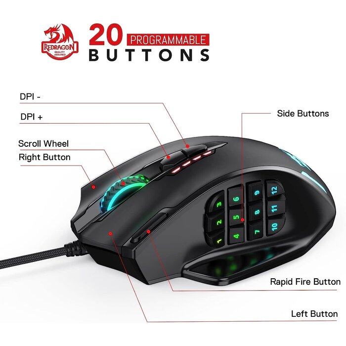 M908 -  Redragon - Impact RGB LED MMO Gaming Mouse | with 12 Side Buttons | Optical Wired | Ergonomic Gamer Mouse | with Max 12,400DPI | High Precision | 20 Programmable Macro Shortcuts | Comfort Grip