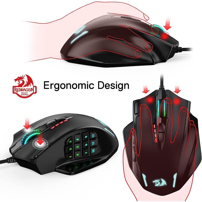 M908 -  Redragon - Impact RGB LED MMO Gaming Mouse | with 12 Side Buttons | Optical Wired | Ergonomic Gamer Mouse | with Max 12,400DPI | High Precision | 20 Programmable Macro Shortcuts | Comfort Grip