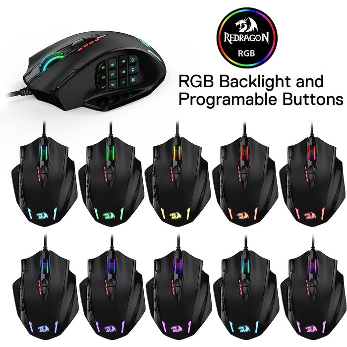 M908 -  Redragon - Impact RGB LED MMO Gaming Mouse | with 12 Side Buttons | Optical Wired | Ergonomic Gamer Mouse | with Max 12,400DPI | High Precision | 20 Programmable Macro Shortcuts | Comfort Grip