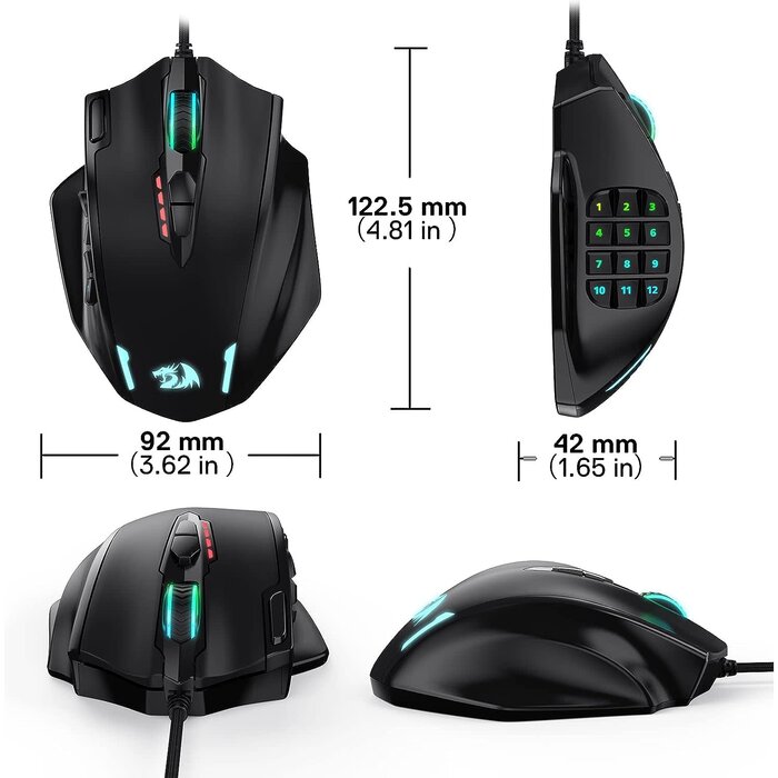 M908 -  Redragon - Impact RGB LED MMO Gaming Mouse | with 12 Side Buttons | Optical Wired | Ergonomic Gamer Mouse | with Max 12,400DPI | High Precision | 20 Programmable Macro Shortcuts | Comfort Grip
