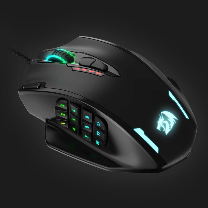 M908 -  Redragon - Impact RGB LED MMO Gaming Mouse | with 12 Side Buttons | Optical Wired | Ergonomic Gamer Mouse | with Max 12,400DPI | High Precision | 20 Programmable Macro Shortcuts | Comfort Grip