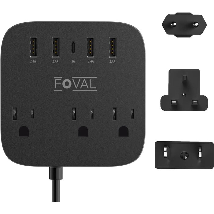 WWS-603 - FOVAL European Travel Plug Adapter, Type B/C/G EU UK US Power Strip with USB C and 4 USB Ports, 3 AC Outlets, Wall Mountable, 5ft Extension Cord, Compact for Travel, Cruise Ship, Home Office