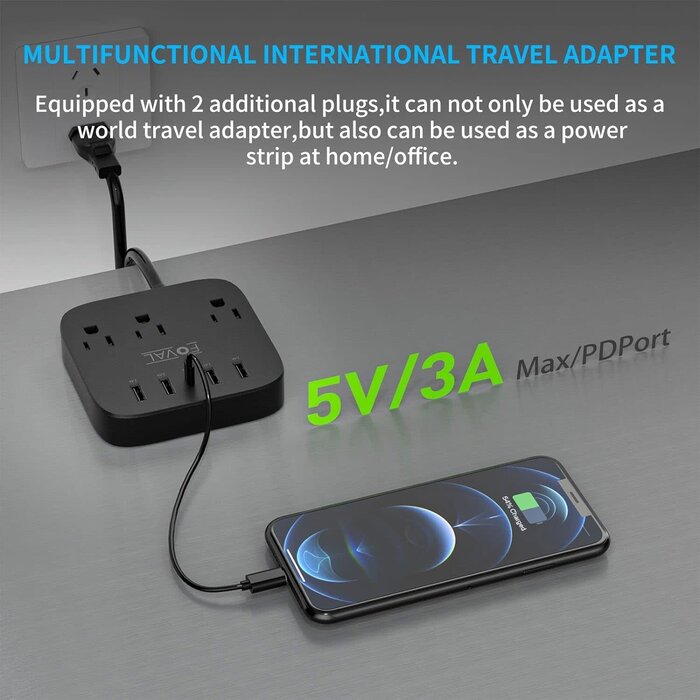 WWS-603 - FOVAL European Travel Plug Adapter, EU UK US Power Strip with USB C and 4 USB Ports, 3 AC Outlets, Wall Mountable, 5ft Extension Cord, Compact for Travel, Cruise Ship, Home Office