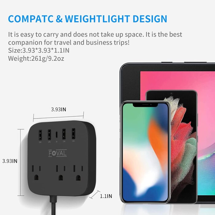 WWS-603 - FOVAL European Travel Plug Adapter, EU UK US Power Strip with USB C and 4 USB Ports, 3 AC Outlets, Wall Mountable, 5ft Extension Cord, Compact for Travel, Cruise Ship, Home Office