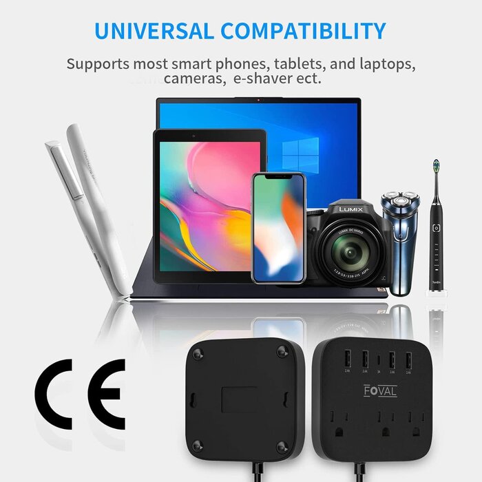 WWS-603 - FOVAL European Travel Plug Adapter, Type B/C/G EU UK US Power Strip with USB C and 4 USB Ports, 3 AC Outlets, Wall Mountable, 5ft Extension Cord, Compact for Travel, Cruise Ship, Home Office