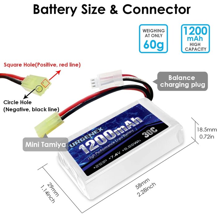 7.4V Lipo Battery 1200mAh 30C Mini Tamiya Plug 2S Rechargeable Lipo Battery