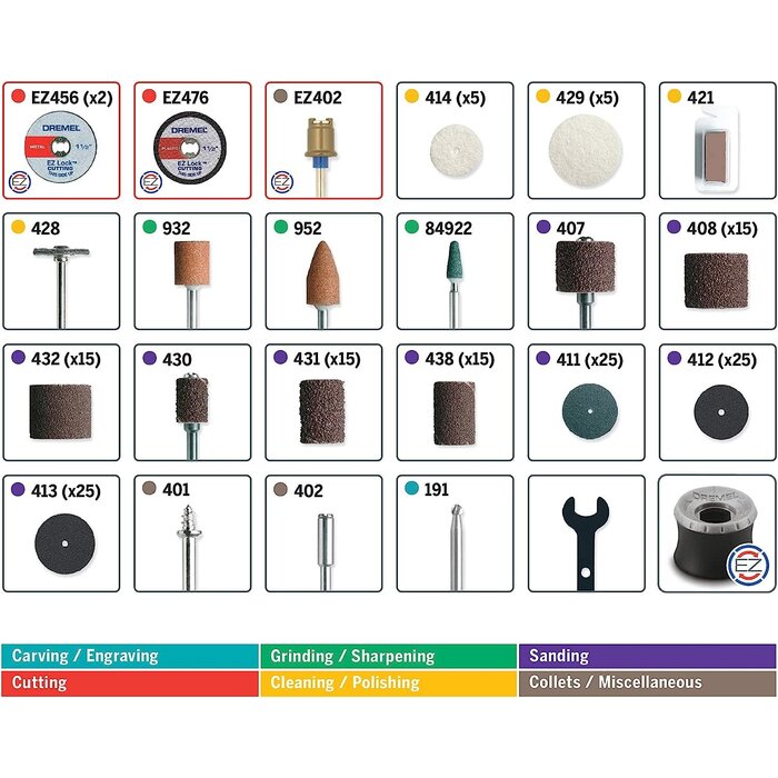 Rotary Tool Accessory Kit- 710-08- 160- EZ Lock Technology- 1/8 inch Shank- Cutting Bits, Polishing Wheel And Compound, Sanding Disc And Drum, Carving, Sharpening, And Engraving
