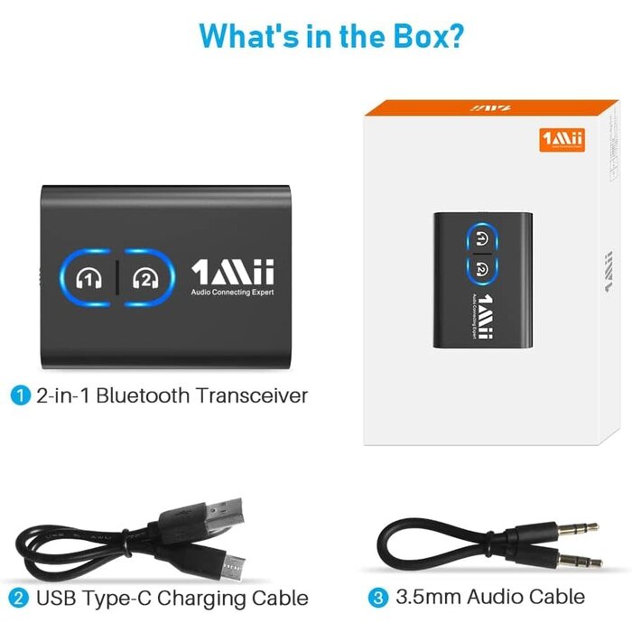 ML300 - 1Mii Bluetooth 5.3 Transmitter Receiver for TV to Wireless Headphones, Dual Link AptX Adaptive/Low Latency/HD Audio, Aux Adapter for Home Stereo, Airplane, Boat, Gym