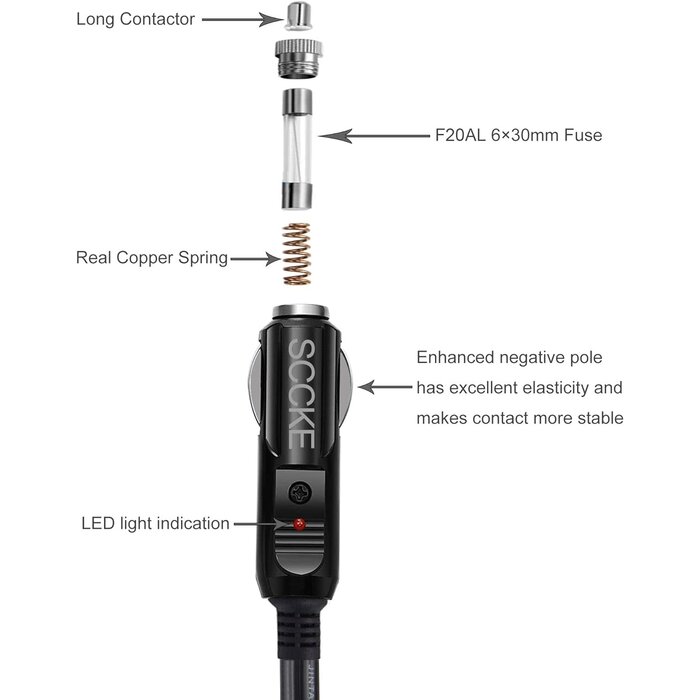SCCKE00033 - SCCKE 14AWG Premium Pure Copper 12V 24V Car Cigarette Lighter Socket Extension Cord, 10ft / 3.05m 14 AWG Cable Wire For Car inverter Air pump electric cup car refrigerator etc