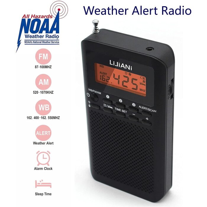 Weather AM FM Radio Portable Battery Operated by 2 AA Batteries with Stereo Earphone, LCD Display Digital Alarm Clock Sleep Timer,Best Reception,Built in Speaker Best Sound Quality(Black)