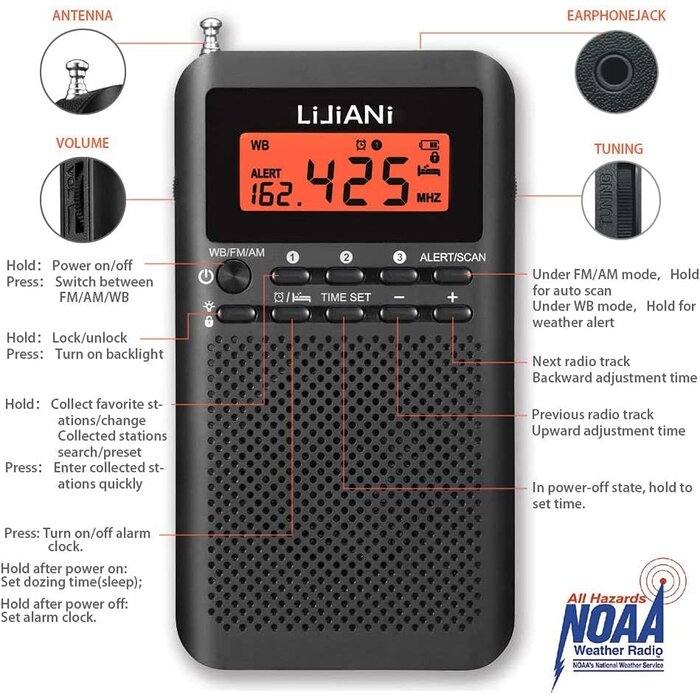 Weather AM FM Radio Portable Battery Operated by 2 AA Batteries with Stereo Earphone, LCD Display Digital Alarm Clock Sleep Timer,Best Reception,Built in Speaker Best Sound Quality(Black)