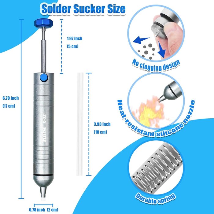 K-331 - Kaisi Solder Sucker No Clog Desoldering Pump with Powerful Vacuum Suction Replaceable Heat Resistant Silicone Tube for Cooperate Soldering and Desolder Gun Iron Tool Conduct Solder Removing