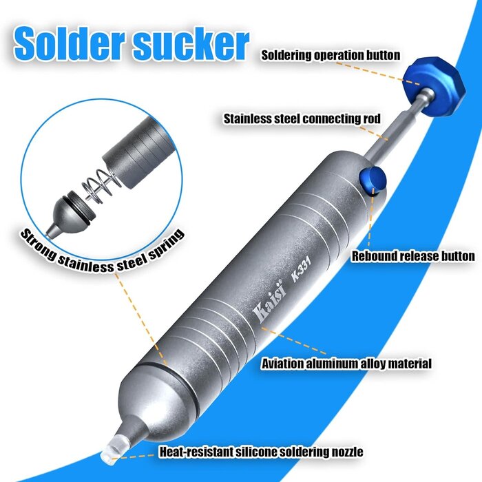 K-331 - Kaisi Solder Sucker No Clog Desoldering Pump with Powerful Vacuum Suction Replaceable Heat Resistant Silicone Tube for Cooperate Soldering and Desolder Gun Iron Tool Conduct Solder Removing