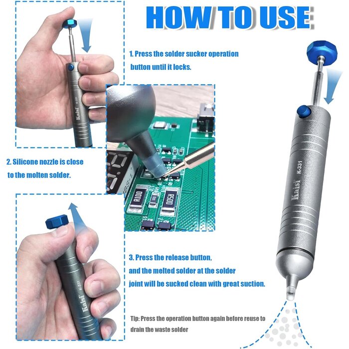 K-331 - Kaisi Solder Sucker No Clog Desoldering Pump with Powerful Vacuum Suction Replaceable Heat Resistant Silicone Tube for Cooperate Soldering and Desolder Gun Iron Tool Conduct Solder Removing